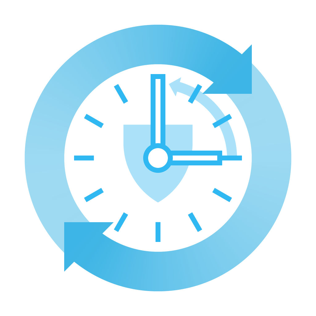 Cloud icon—surrounded by a circle with arrows on it, a clock with a shield at it's center is showing 3 o'clock with an arrow indicating turning back time, representing process time savings.